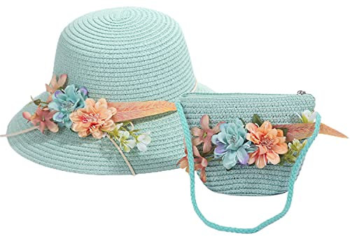 Dinnesis Sombrilla de dibujos animados para niños y niñas, sombrero de playa + bolsa de paja, accesorios de verano para niños, bufanda redonda, verde, Talla única