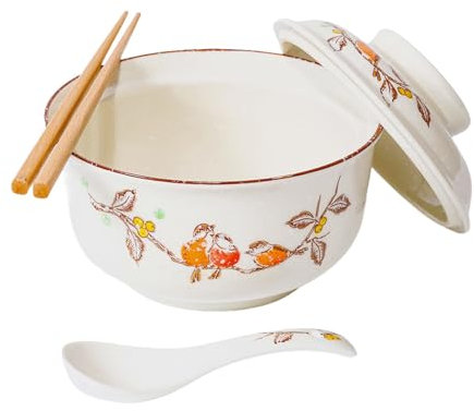 Juego de cuencos de cerámica para ramen de 800 ml con tapa, cuchara y palillos, cuencos de sopa grandes vintage japoneses, cuenco de fideos instantáneos, vajilla asiática (Pájaro*1)