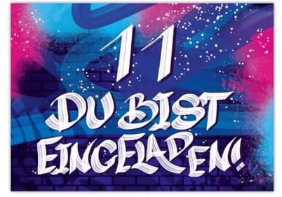 Junaversum 12 Einladungskarten zum 11. Kindergeburtstag Mädchen Jungen Graffiti Einladungen elfte Geburtstag Kinder