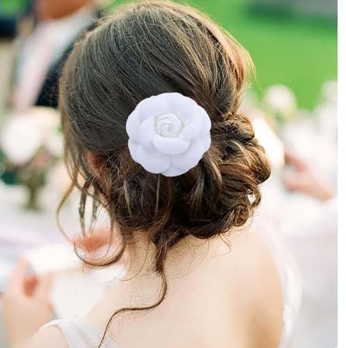 TseenYi Kamelie Blume Haarspange Kopfbedeckung Stoff Weiße Blume Haarspange Weiß Floral Clip Boho Blume Haarnadel Brosche Braut Hochzeit Kopfbedeckung Kopf Clip Zwei-Wege-Schmuck Für Frauen