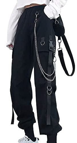 YINGWIN Pantalon cargo pour femme avec chaîne de pantalon gothique Y2k Techwear