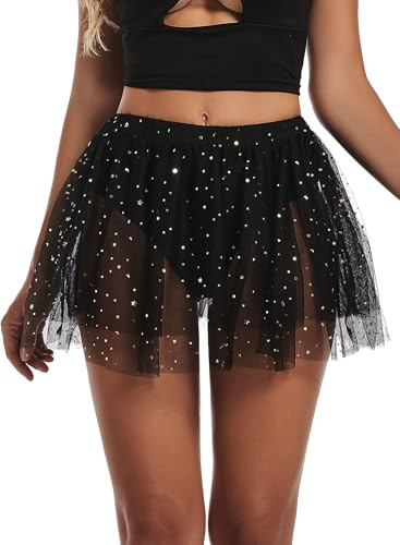 Damen Glitzer Sterne Pailletten Tüllrock - Sexy Rave Festival Outfit Mesh Mini Rock Mit Tanga Shorts Disco Party Scrunch Leggings Karneval Clubwear Hawaii Tüll Tütü (Black,L,1143w)