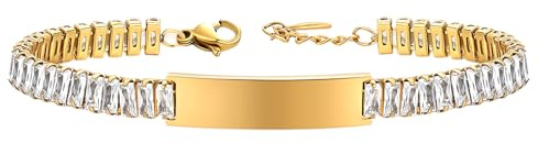 JewelryWe Personalisierte Tennis Armband Damen Edelstahl Tennisarmband mit rechteckigen Zirkonia Steinen Verstellbare Armkette Armreif mit Gravur individuelles Geschenk für Frau Mädchen