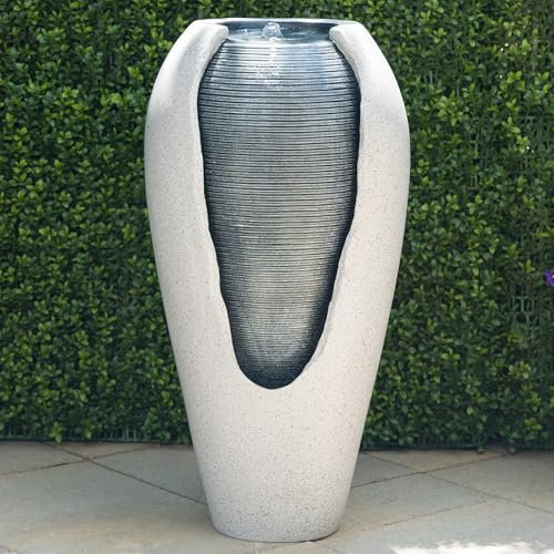 Alpine Corporation - 29 Tall Two Tone Ribbed Jar Floor Fountain with LED Lights – Elegant Indoor/Outdoor Water Feature, Easy Setup with Pump & Plug-in Design (Gray)
