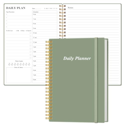 Daily Planner Undated - A5 To Do List Notebook Hourly Schedules, Spiral Appointment Planner for Women and Men, PVC Hardcover, Inner Pocket, Elastic Closure, 5.8 x 8.3, Green