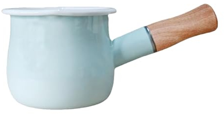 FARCADY 0.6qt Mini Enamel Milk Pot Insulated Wooden Handle 2 Pour Spouts Small Food Warmer Cute Saucepan (D015,Mint Green)