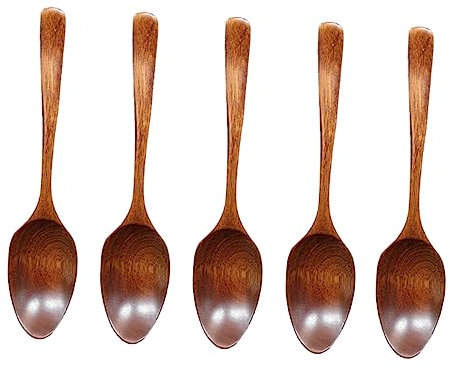 OFFSCH 5 Cucharas de Madera Maciza Estilo Japonés Mango Largo Natural Resistentes Rayar Utensilios para Cocina y Sopa para Adultos Cocina