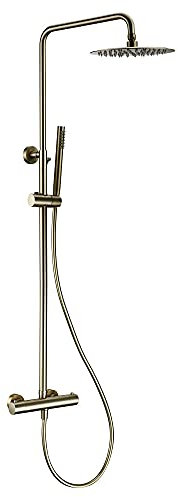 QTYQWC Shower Faucet with Thermostat, Brushed Gold Shower Mixer Tap, Thermostatic Bathroom Faucet Set, Wall Mounted Shower Arm Diverter with Hand Shower and