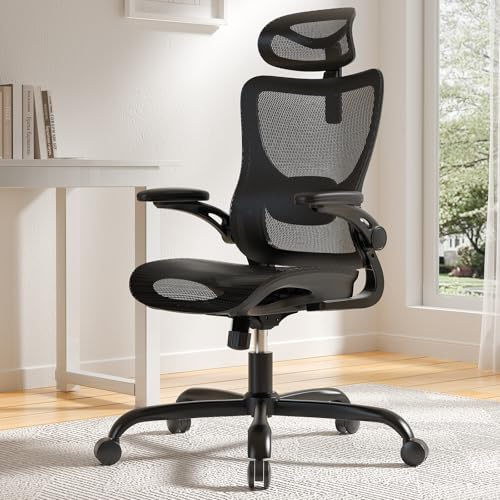 Marsail Bürostuhl Ergonomisch mit Hoher Netzrückenlehne, Adaptiver Lendenwirbelstütze, 2D-Kopfstütze, 3D-Klapparmlehnen, Höhenverstellung und Wippneigung, Schwarz, Rußig