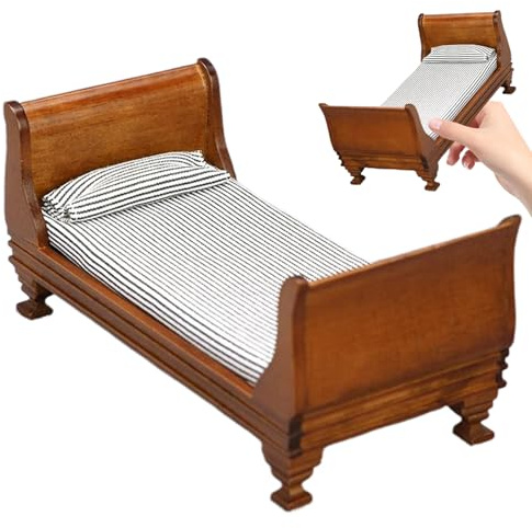 Ssguopte Puppenhausbett, 1:12 Vintage Einzelbett mit Matratze und Kissen, 6x3x3 Zoll Holzmöbel