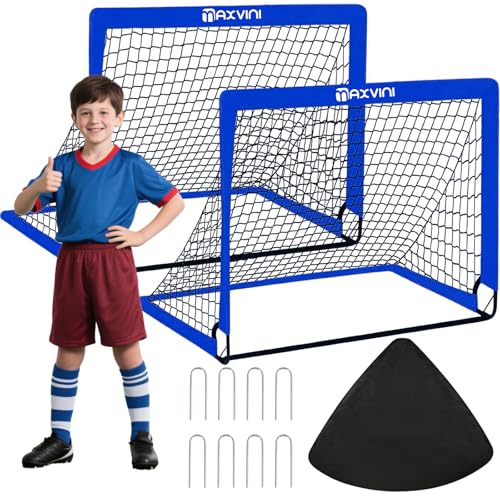 MAXVINI Fussballtore für Garten Kinder 90x74x74cm Fußballtor mit Glasfaserstangen Indoor/Outdoor Tornetzen Faltbares Pop-Up Set inkl.6 Hütchen Tragetasche 8 Bodenhaken​