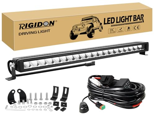 RIGIDON Enkelrads LED-ljusstång för bil, 23 tum 60W 6000 LM full effekt, med 12V kabelkabel, spotljus för terränglastbil SUV UTE ATV 4x4 båttraktor, körlampa, 6000K vit dimlampa, strålkastare