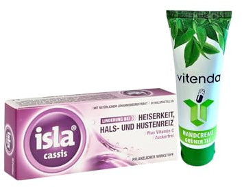 isla® Cassis Pastilles – Lot de 30 pastilles avec crème pour les mains de vitenda, goût fruité de cassis sans sucre, pour les douleurs de la gorge et de la voix