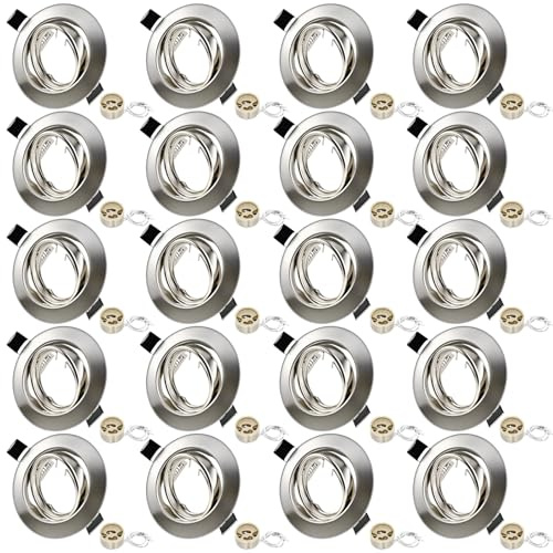 LteelDay 20x Einbaustrahler Rahmen Nickel Gebürstet mit VDE GU10 Fassung | Runder Metall Einbaurahmen, Lochmaß 68-80mm. 30° schwenkbarer Strahler. Für LED/Halogen. Ohne Leuchtmittel.