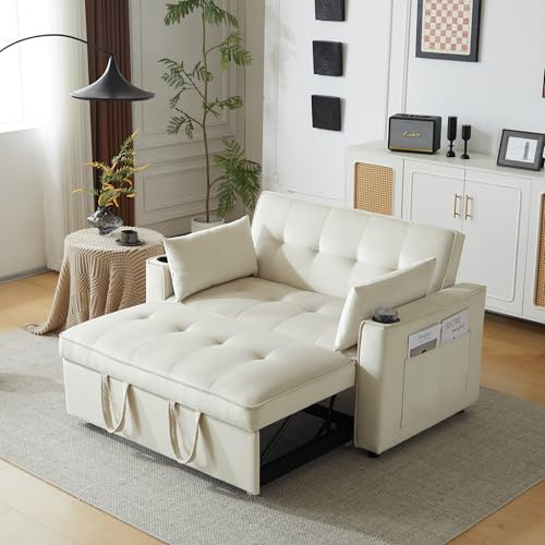 OKMYHOME Sofá Recto Convertible de 2 plazas – Sofá Convertible con Portavasos y Respaldo Ajustable – Terciopelo Beige