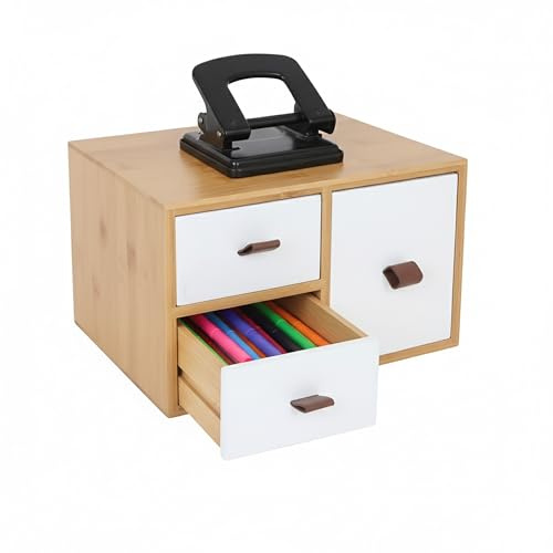 Relaxdays Lådbox bambu & MDF, 3 lådor, slingor, HBT: 15 x 25 x 20 cm, skrivbordsförvaring, natur/vit