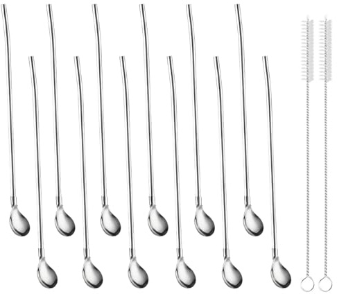 12 Pièces Cuillère Paille Inox Paille Granité 2 en 1 Inoxydable + 2 Brosses de Nettoyage pour Milkshakes Café Thé Cocktails
