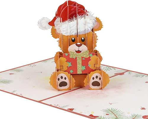 3D Pop up Karte Teddybär Weihnachten mit Glitzer Veredelung, perfektes Geschen,Teddykarte - Süße 3D Weihnachtskarte für Frau, Freundin, Mutter - Merry Christmas Card, Karte für Geldgeschenk