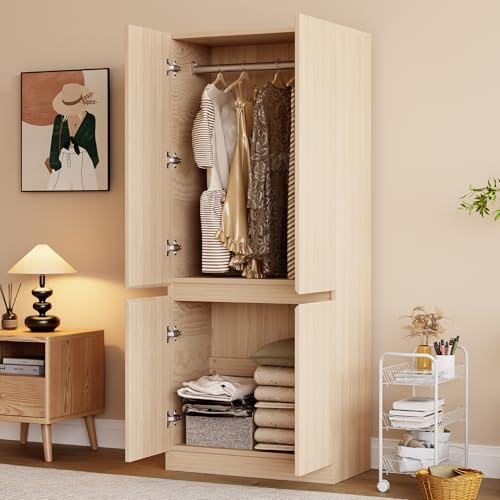 Zravenna Holz Kleiderschrank 70 × 40 × 170 cm mit Klapp-und Hängebereich, Doppeltür-Design mit großen Staufächern, Einzelkleiderschrank mit Geräumiger Stauraum (A, Natur)