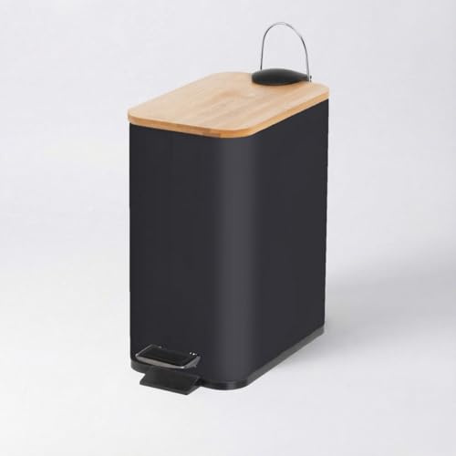 Papelera de pedal rectangular de 5 litros negro mate con tapa de bambú | Cuerpo de metal antihuellas. Cubo interior extraíble de propileno negro con asa. Ideal para baños y habitaciones pequeñas