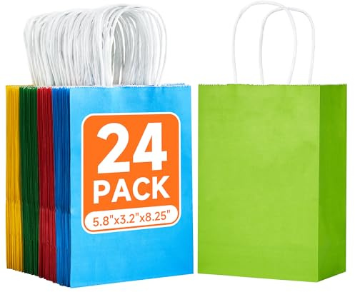 VPACKDUO 24 Stück Geschenktüten Geburtstag, Papiertüten mit Henkel, Regenbogen Geschenktaschen Set, Kleine Geschenktüten Kindergeburtstag15×8×21 cm, Papiertüten für Party, Gastgeschenke (6 Farben)