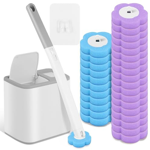 Goshoppers Juego de escobilla de Inodoro desechable, Montaje en Pared con 30 Unidades de Cabezal de Cepillo, de Inodoro con Soporte para escobilla de baño, Juego de escobilla para Inodoro
