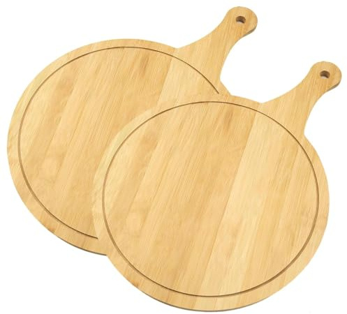 Pizzateller,Pizzabrett,30cm Pizza Plate,Pizzabrett rund mit Griff,2 Stück | Platzteller mit Rillen, zum Hacken und Servieren von Wurstwaren, Käse, Pizza,Brot,Naturholzfarbe