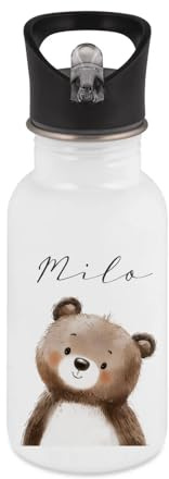 Manufaktur Liebevoll Personalisierte Kinder Trinkflasche aus Edelstahl mit Name und Tiermotiv, mit Strohhalm, in 400 ml, 500 ml oder 600 ml, für Kita, Schule und Ausflüge (Bär, 400 ml)