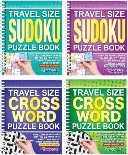 Youngland Travel Size A5 Puzzle Book Set of 4, Sudoku, Crossword & Word Search Puzzle Books, 100 Puzzles per Book with Solutions, Portable Spiral Bound Brain Games for Travel, Holidays & Home (Set 1)