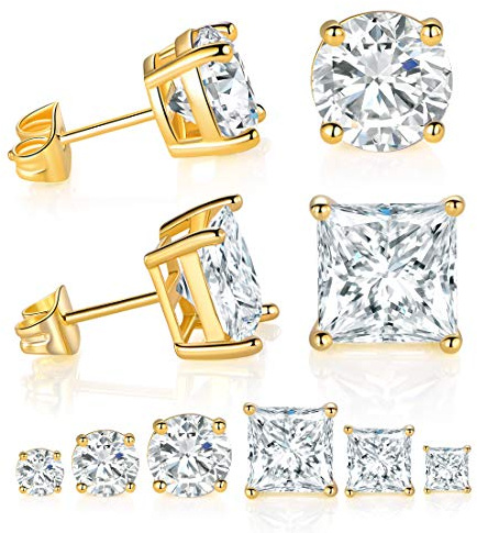 Dwearbeauty Stud Earrings for Women, 6 Pairs 18K Gold Plated 4mm/6mm/8mm Princess & Round Cubic Zirconia Earrings Nickel Free Earring CZ Earring for Women Men