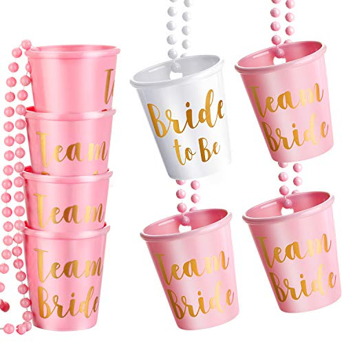 8 Stück Team Braut und Braut Kunststoff Perlen Braut Schnap Glas Halskette Rose Rot/Rosa und Weiß mit Goldfolie für Bachelorette Party Braut Party Halsketten (Rosa)