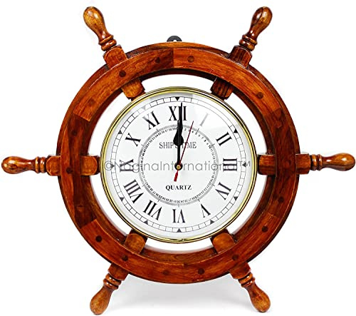 Antiqueara 18 Solid Wood Brass Ship Wheel Wall Clock Porthole Nautical Decor Shipwheel 18 Ship Wheel Clock: Boat DecorationWooden Nautical Shipwheel with Clock