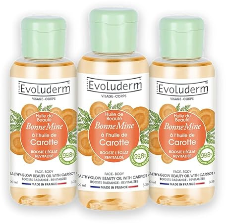 EVOLUDERM – Huile de Beauté Bonne Mine à l’Huile de Carotte - 100 ml - 99,8% d’Origine Naturelle - Végan - Fabrication Française - Lot de 3 x 100 ml