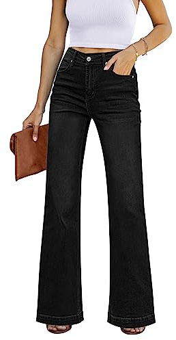 Roskiky Pantalon évasé pour femme, taille haute, jambes larges, baggy, jean, stretch, Noir délavé., M