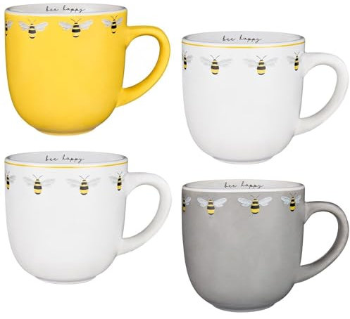 Dylex Set of 4 Ceramic Bee Happy Printed Mugs Premium Quality Kitchenware Tea Coffee Cup Set