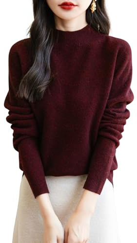 Chanyarn Maglione da Donna in 100% Lana Merino Collo Alto Demi Lavorato a Maglia Senza Cuciture a Maniche Lunghe (Dark Red,M)