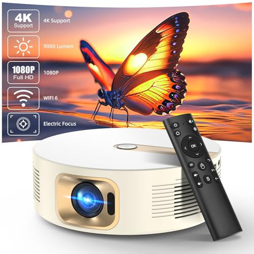 Bettdow Proyector 4K, 9000 Lúmenes Full HD 1080P, Enfoque Eléctrico, Corrección Trapezoidal Automática, Proyector de Video con WiFi6 y Bluetooth 5.0, Proyector Cerrado para Cine en Casa (Beige)