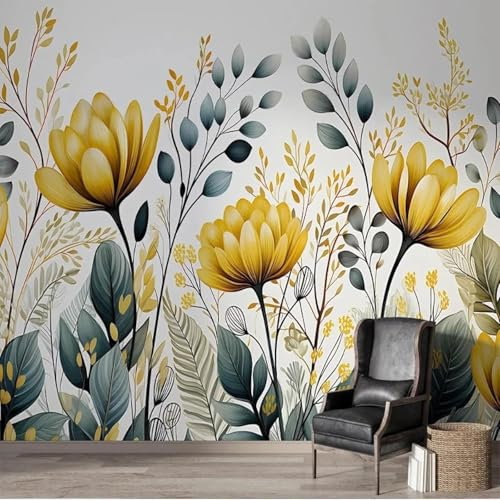 Gelbe Blume Fototapete 3d Effekt,Tropische Pflanzen Blumen,Moderne Wohnzimmer Mural Schlafzimmer Kinderzimmer TV Hintergrund Wand Dekora,430x300cm