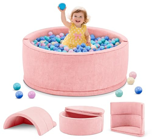 Aunekiv Bällebad ohne Bälle für Baby ab 1 Jahr, 7-in-1 Multifunktionales Schaumstoff Bällepool Ballgruben Kinder, Rosa