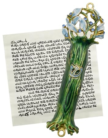 MrMrKura Mezuzah with Scroll for Door, Enamel&Zinc Alloy Blessing Mezuzah Case for Door, Colored Painted Mezuzha Scroll Kosher for Jewish Gifts/Jewish Decor, Christmas (Bright Green, 1.57x4.88 in)