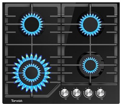 TOPWISH placa de gas butano, placa gas butano 4 fuegos, con Italia sabaf quemado, NG/LPG convertible, válvulas de seguridad, encendido eléctrico, 8000W, 60cm