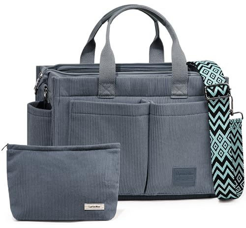 Captain Blues Corduroy Tote Bag for Women with Zipper, Large Capacity Work Bags Shoulder Handbag for School, Travel, College, Teacher with Adjustable Strap & Pockets (Grey)