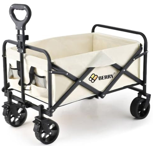 Berry 100L Festival Trolley on Wheels | Folding Trolley with Wheels | 220lbs Collapsible Foldable Wagon Trolly for Beach Festivals Garden Picnic Shopping Fishing & Camping - Beige
