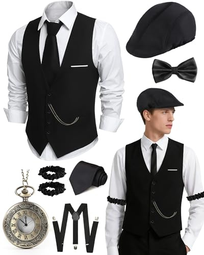 HaBaeBae 1920s Mens Costume, Roaring 20s Costumes For Men, Newsboy Hats For Men 1920s Mens Outfit With Hat, Vest,Pocket Watch, Tie, Armband, Bow Tie, Suspenders