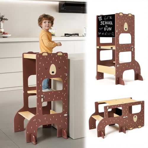 labebe torre montessoriana bambini, grandi dimensioni torre montessoriana pieghevole in legno, torretta montessoriana multifunzionale 3 in 1 con lavagna-orso bruno