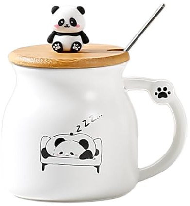 Banzimiao Tazas de café panda con tapas, taza ceramica con tapa con cuchara de acero inoxidable para mujer, novia o niños, 350 ML(A)