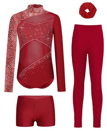 Alvivi 4Pcs Mädchen Turnanzug Glitzer Gymnastikanzug Blumendruck Patchwork Langarm Ballettanzug Turntrikot Leotard Gymnastik Kleidung