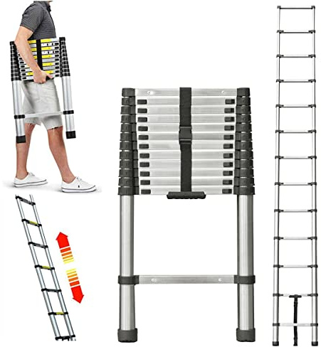 3.8m Telescopic Ladder with Anti-Slip Rubber Feet & Wide Steps | Multi-purpose Folding Ladder - Height Adjustable, Extendable Loft Ladder - EN131 Stainless Steel Ladder, 150KG Capacity
