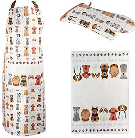 SPOTTED DOG GIFT COMPANY - Set aus Geschirrtuch, Küchenschürze und hitzebeständigem Ofenhandschuh - Hunde-Motive - Baumwolle - Geschenkidee für Tier- und Hundeliebhaber - 3-teiliges Set