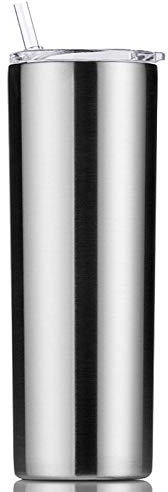 Gteller Double Wall 18/8 Stainless Steel Vacuum Slim Skinny Tumbler with Straw and lid, Insulated Travel Mug Keeping Beverage Cold and Warm (Stainless Steel, 20oz)